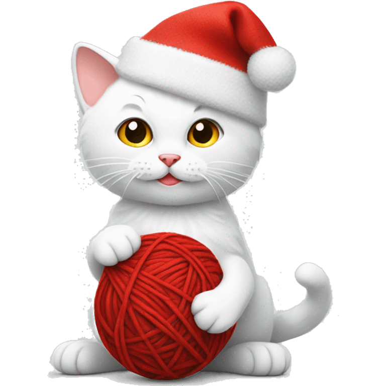 white cat wearing a christmas hat playing with a ball of red yarn emoji