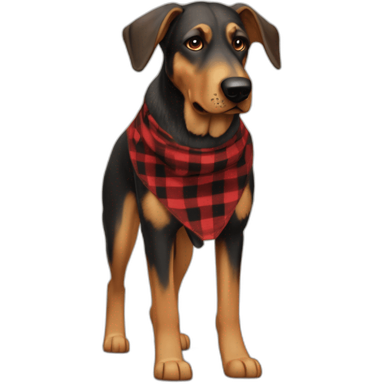 adult 75% Coonhound 25% German Shepherd mix dog with visible tail wearing small pointed red buffalo plaid bandana full body walking left quickly emoji