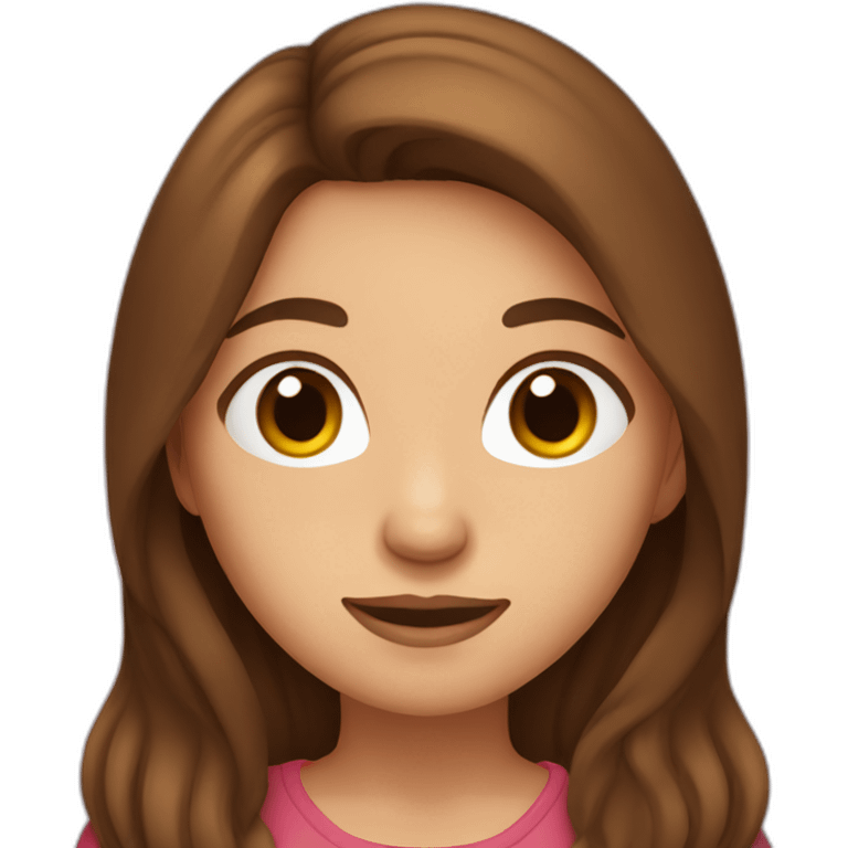 brown-haired woman with long hair, brown eyes, depicting a heart with her hands emoji