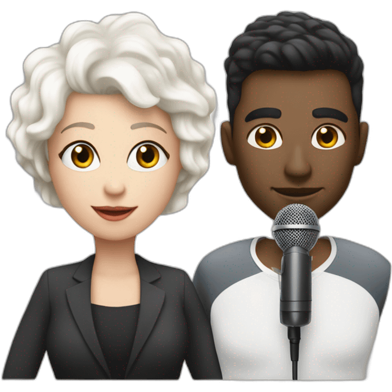 White man with dark hair next to a white woman with very short white hair, podcasting with mics and a MacBook emoji