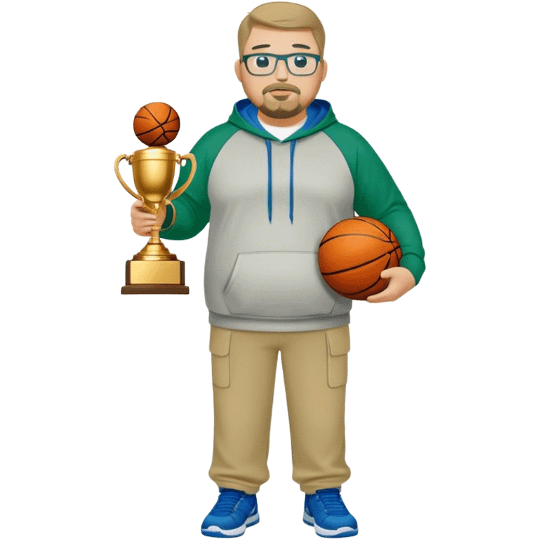  full body white obese male basketball coach with trophy. Goatee , Wearing glasses and blue and green hoodie and khaki pants emoji