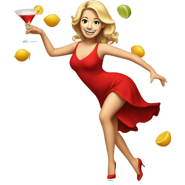 white woman short red dress dancing with cocktail emoji