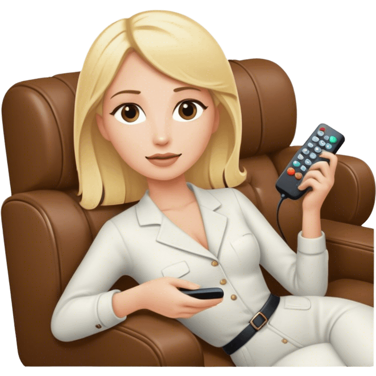 a blonde woman laying in a coach with a remote in her hand emoji