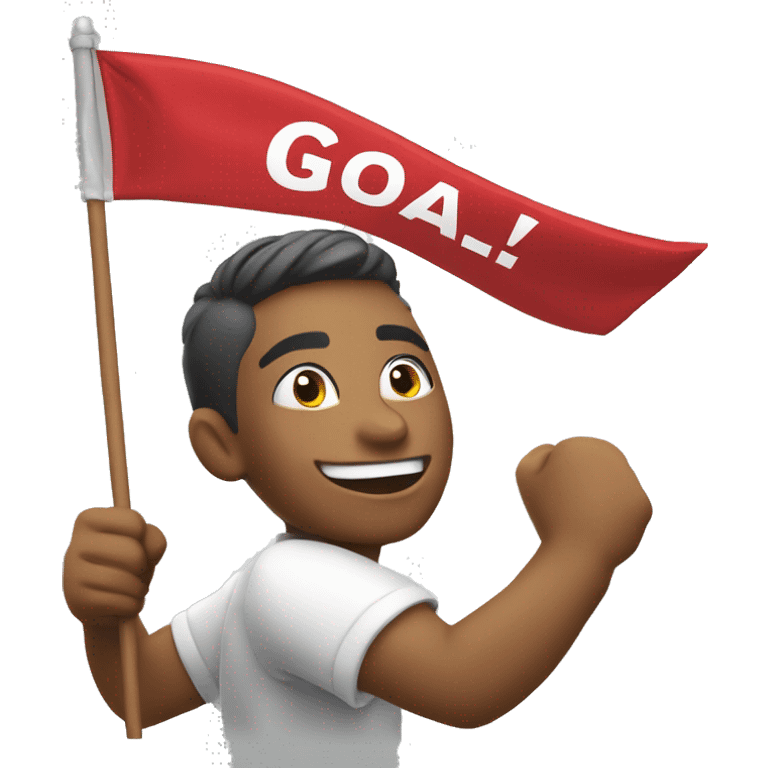 an emoji celebrating a goal, holding a flag in one hand, with the word 'GOAL!' in bold, festive letters. The emoji should show excitement and joy, as if celebrating a major victory." emoji