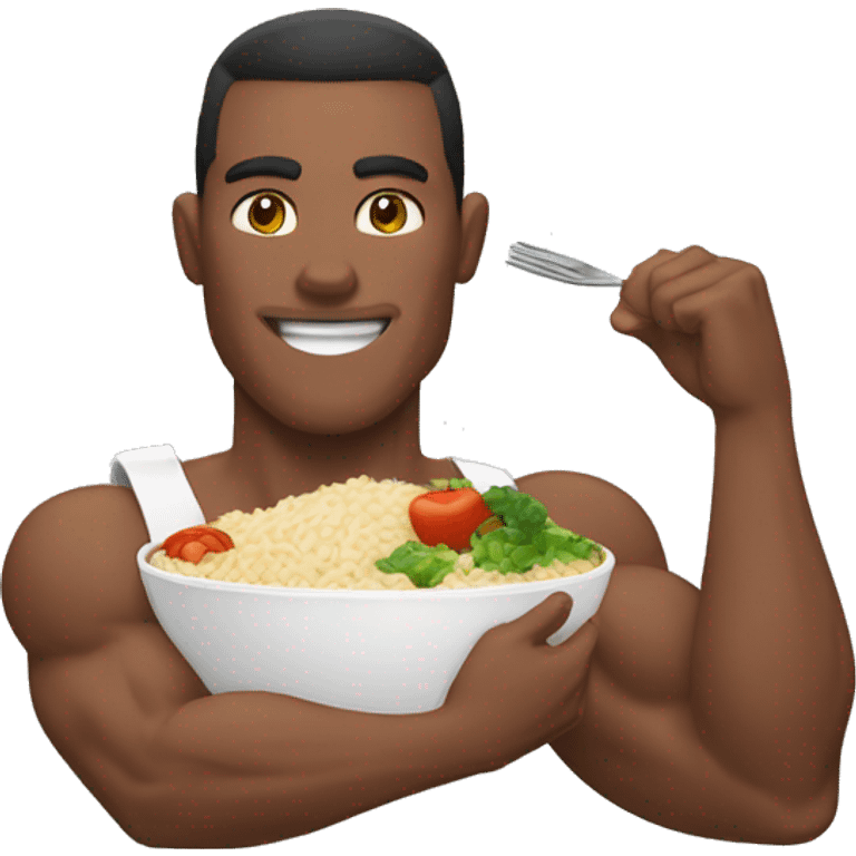 muscular man eating rice, meat and vegetables emoji