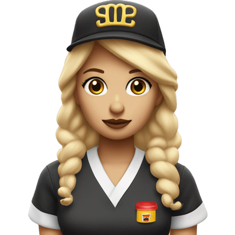 pretty blonde hair tied up with makeup and lashes. in a mcdonald’s uniform and hat looking sad emoji