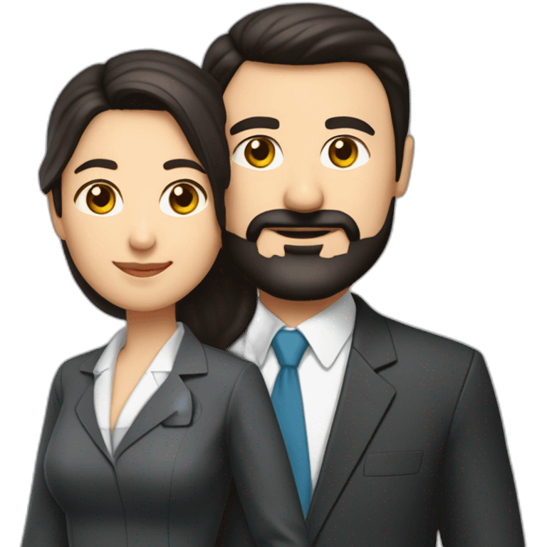 husband classic middle aged executive dark hair trimmed beard wearing business suit holding bible, with wife asian age 55 dark hair wearing nurse uniform emoji