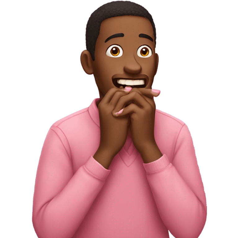 guy biting his nails with long pink nails emoji