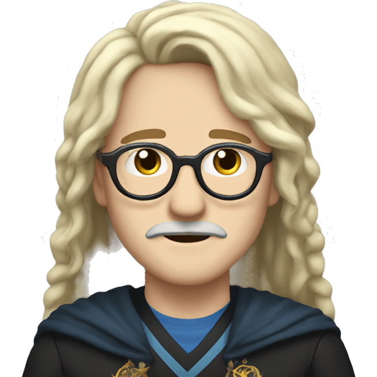 he has got white skin, he has got long black an straight hair, he has got a mustache, he has got glasses, he is from ravenclaw emoji