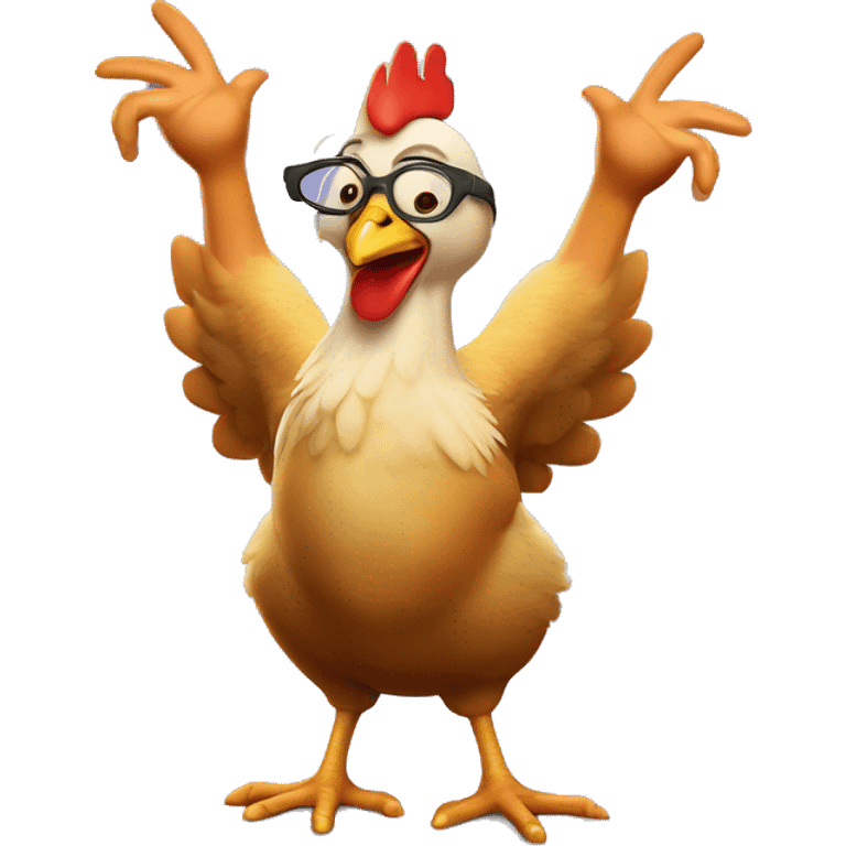 Chicken little from the movie chicken little with his tongue out and holding up two peace signs with his chicken hands emoji