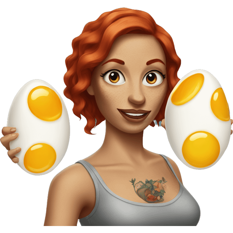 Woman with red hair, blue eyes and arm tattoos holding fried eggs emoji