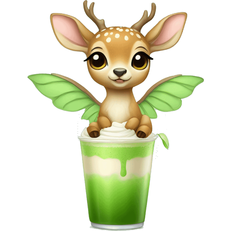 baby deer with fairy wings drinking iced matcha latte  emoji