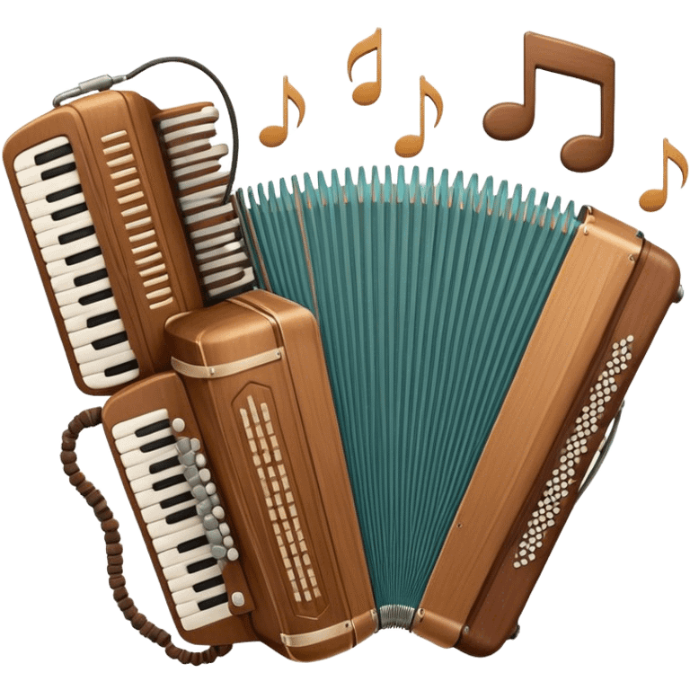 Create a warm and inviting humanless emoji representing folk singing. The design should feature a traditional microphone, perhaps with a wooden texture, symbolizing the rustic and authentic feel of folk music. Surround the microphone with subtle elements such as a hand-played tambourine, an accordion, or a balalaika to reflect the folk instruments. Add flowing musical notes to symbolize the vocal melodies. Use earthy, natural colors like browns, reds, and greens to evoke a sense of tradition, warmth, and connection to the community. The background should be transparent. emoji