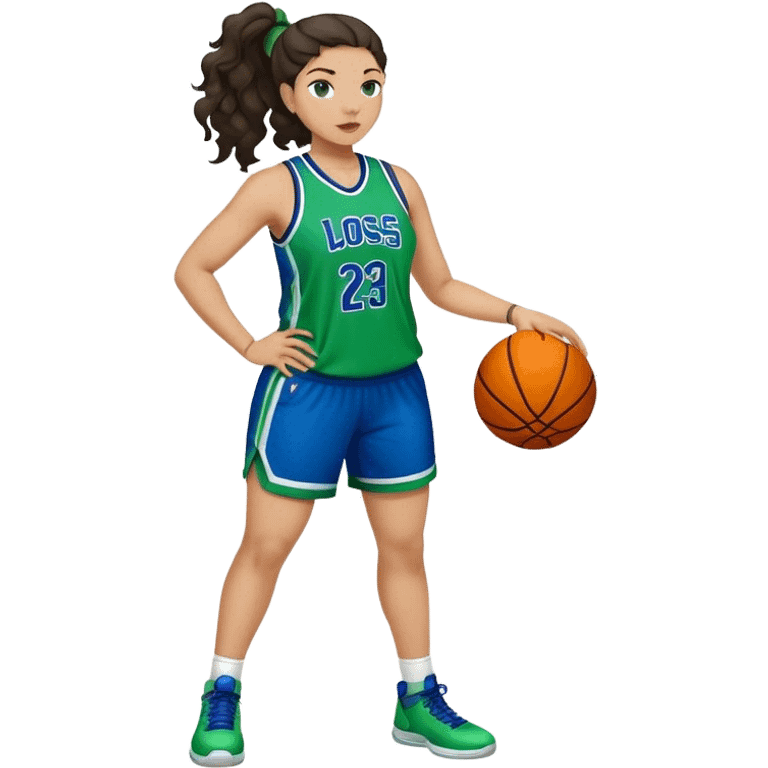 full body plus size light skin latino women basketball player with wavy dark hair in pony tail wide nose wearing blue green  uniform emoji