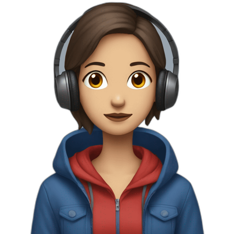 Lo-fi girl studing headphones, blue jacket, red hoodie emoji