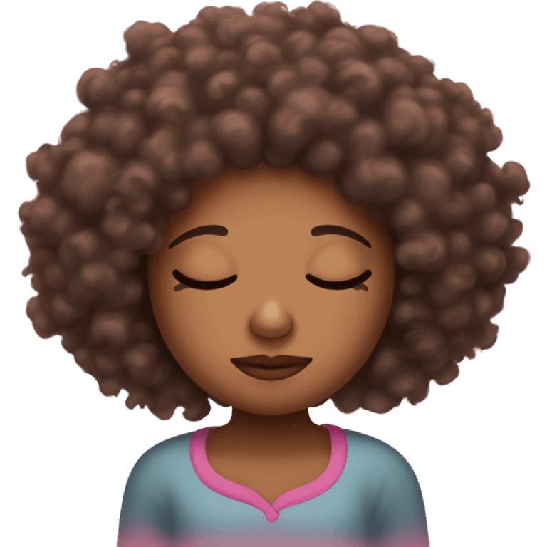 Brown skinned girl with curly coily messy afro sleeping on a pink pillow emoji