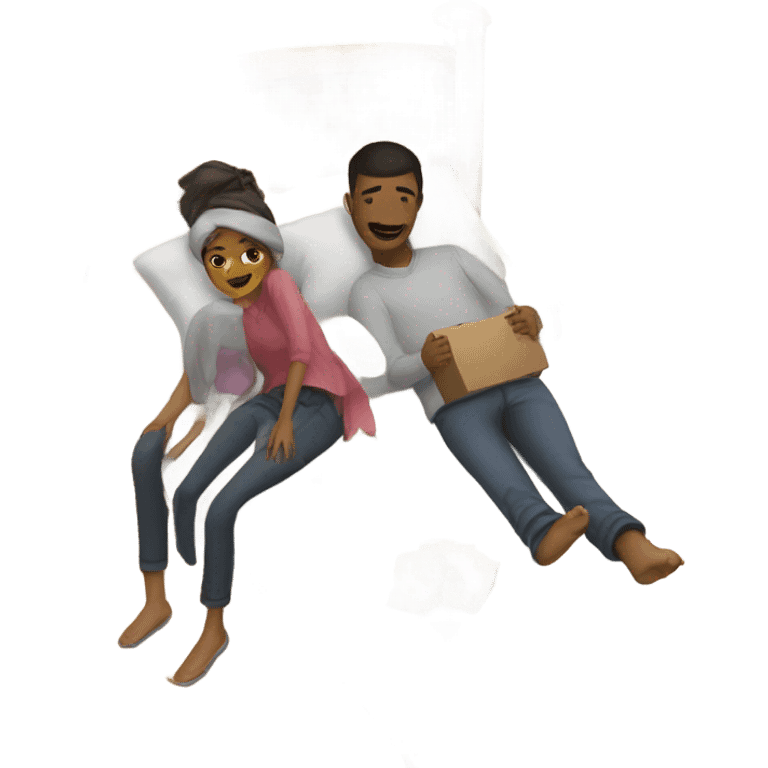 A girl and a guy took shelter under the bed emoji