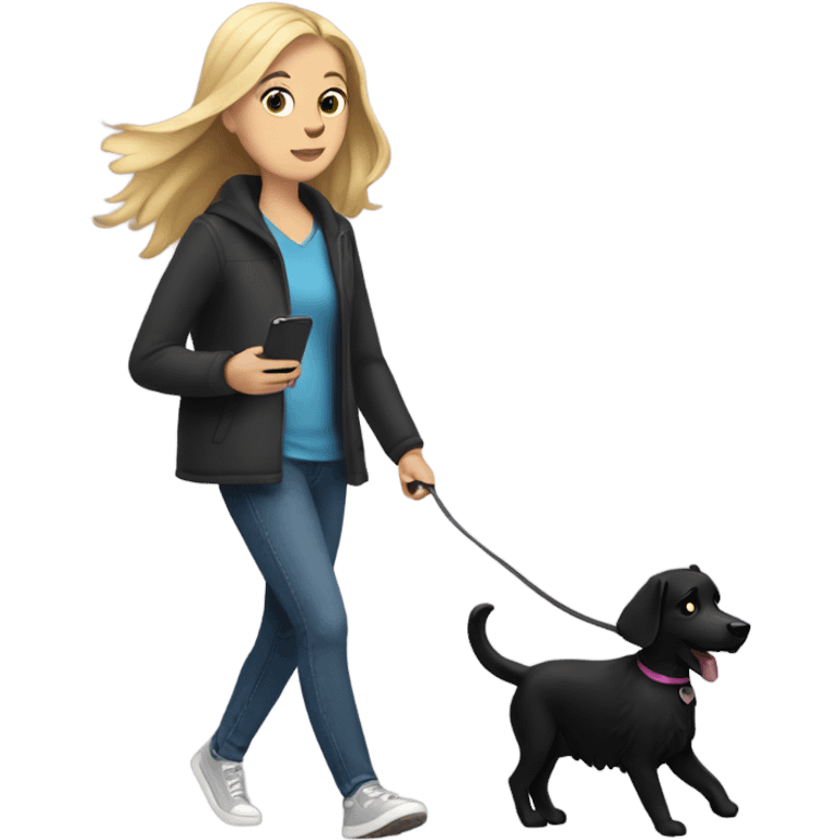 white girl walking her black dog while showing her phone screen emoji