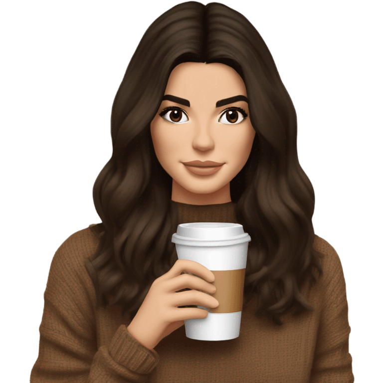 brunette Kendall Jenner with soft and long and brown hair her eyes brown and sipping coffee Her hair is wavy and shiny With brown sweater just one  emoji