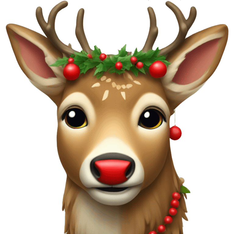 Deer with a garland on the horns, red nose emoji