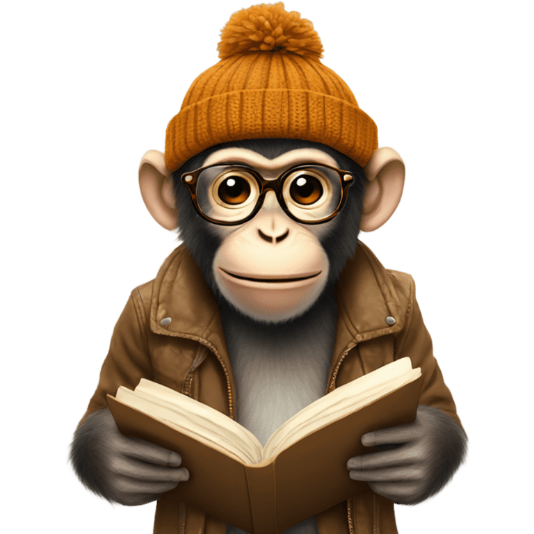 hipster monkey wearing a beanie reading poetry  emoji