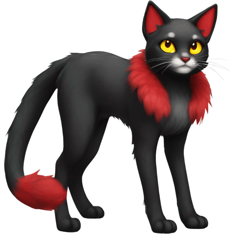 black Shiny Fionbri-Falvie-sparkle-feline-sona with yellow eyes, red edgy markings full body fursona emoji