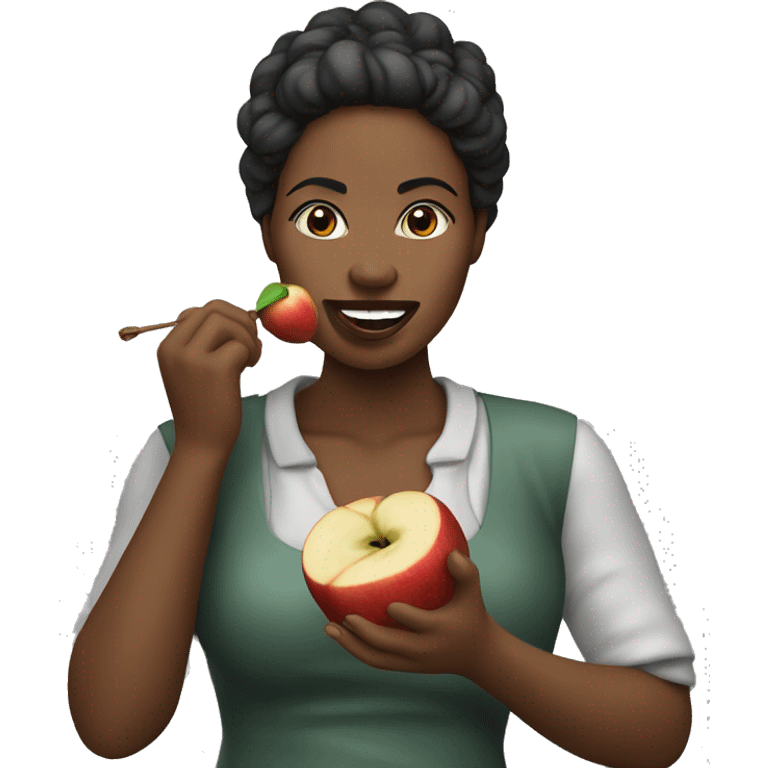 Mujer piel blanca pelo negro comiendo una manzana emoji