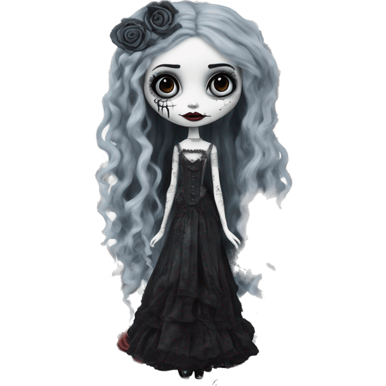 full height, tim burton "corpse bride", porcelain doll with a cracked face, goth makeup watery eyes, long hair, lace and ruffles, lolita style, inked, black and white, red roses emoji