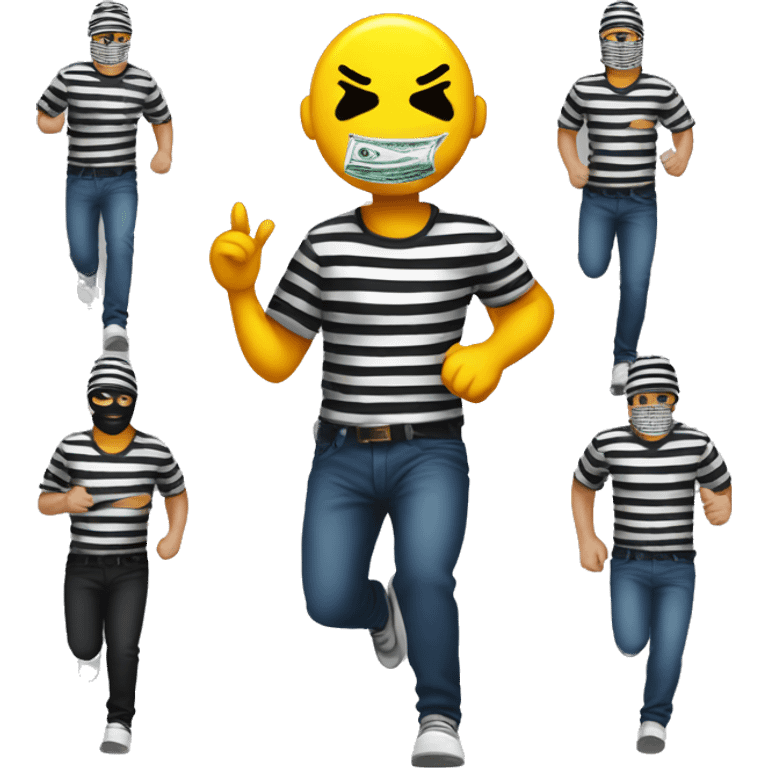 „robber emoji with dollar in hand an a mask with a cap and black white striped shirt running away“ emoji