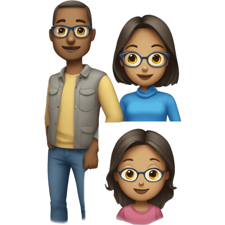 Draw a family of 4 consisting of a father with glasses, a mother with a headscarf, a 3-year-old girl and a baby with blue clothes. emoji