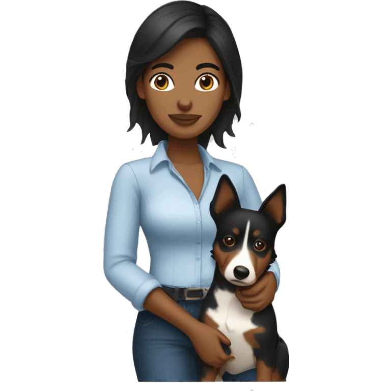 Apple style brown woman with medium black hair holding blue heeler emoji