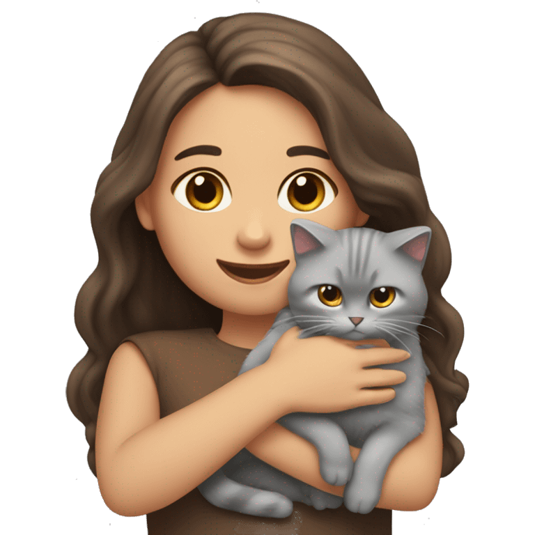 A girl with long brown hair and a grey fluffy cat is lying in her hands emoji