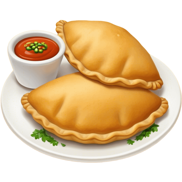 Cinematic Realistic Colombian Cornmeal Empanadas Emoji, showcasing the golden, crispy shell filled with savory meats and spices, served with a side of aji dipping sauce, rendered with vibrant textures and warm, inviting lighting. emoji