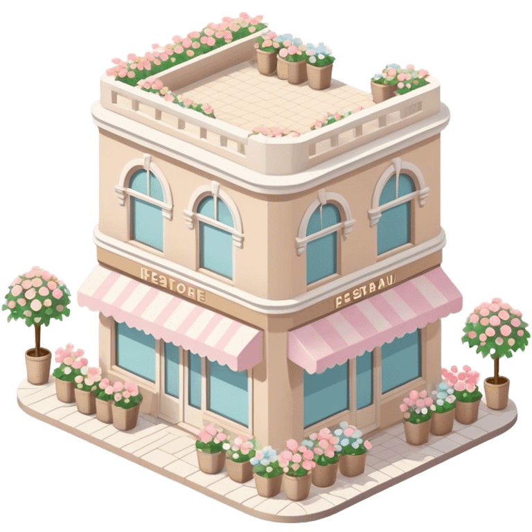 isometric exterior little beige and white restaurant with abundant pastel florals everywhere emoji