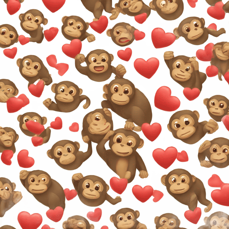 Two monkeys hugging each other with many tiny red hearts around them emoji