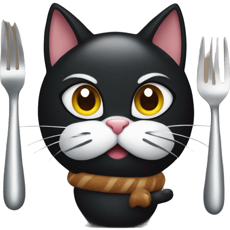 black cat with a fork and knife eating turkey emoji