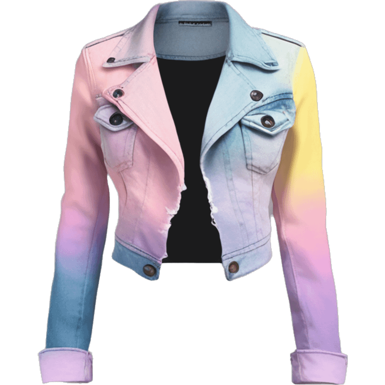 Realistic isolated side view of a pastel purple,dark turquoise ,pastel yellow and pastel pink ombre open military bolero fashion jacket with yellow cut out top underneath it and ripped denim jegging pants. emoji