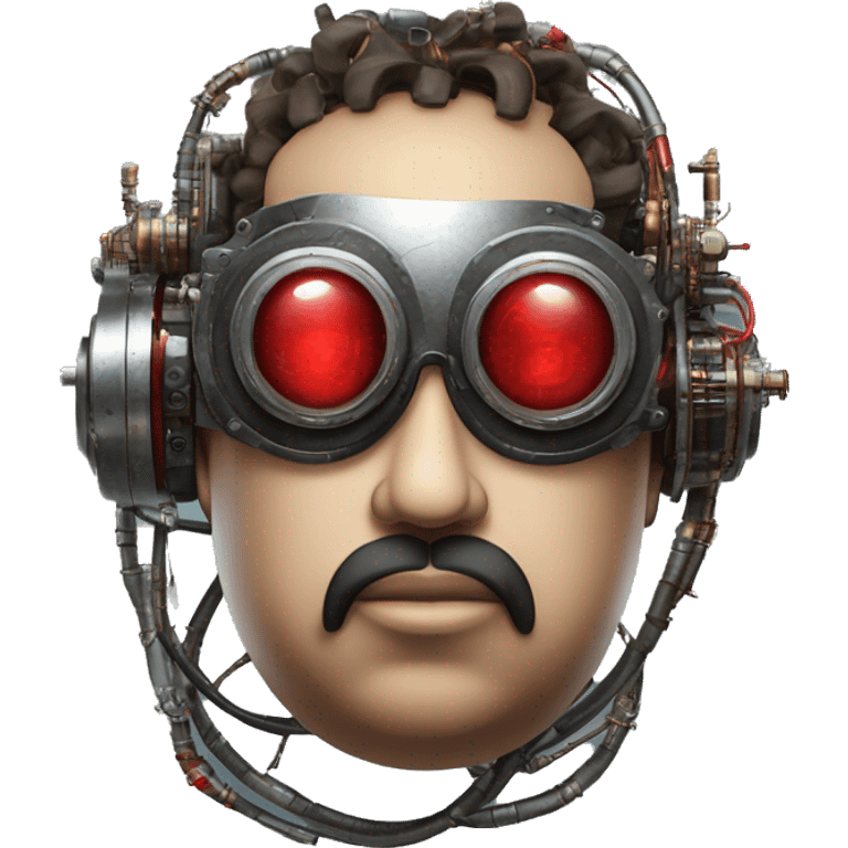 Fat cyborg head with red steampunk goggles, black goatee and circuits emoji