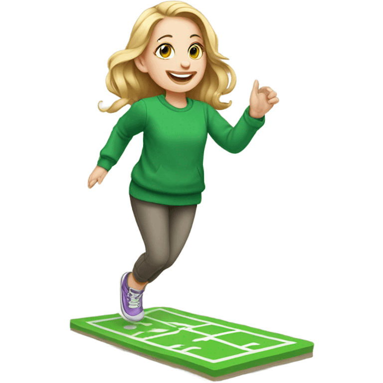 a white girl in a green sweatshirt playing hopscotch emoji