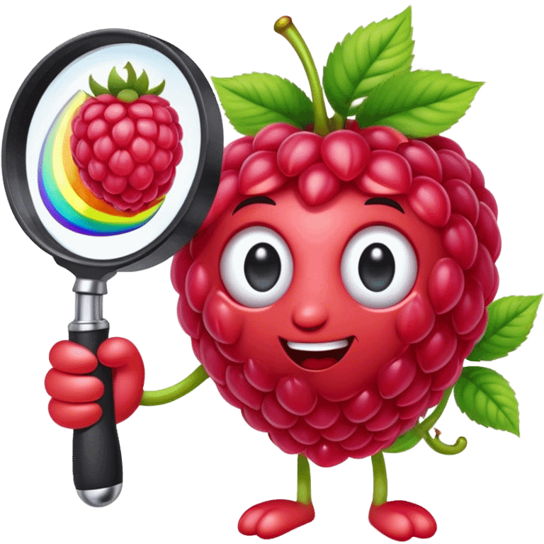 a raspberry holds a rainbow colored magnifier with its budding from handle of magnifier emoji