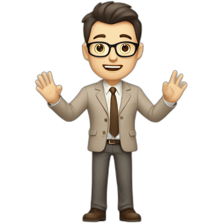 To belt Actively gesturing with hands Okay Pale skinned fit man with dark brown hair in gray jacket, beige office shirt, brown tie, brown pants and vintage glasses. emoji