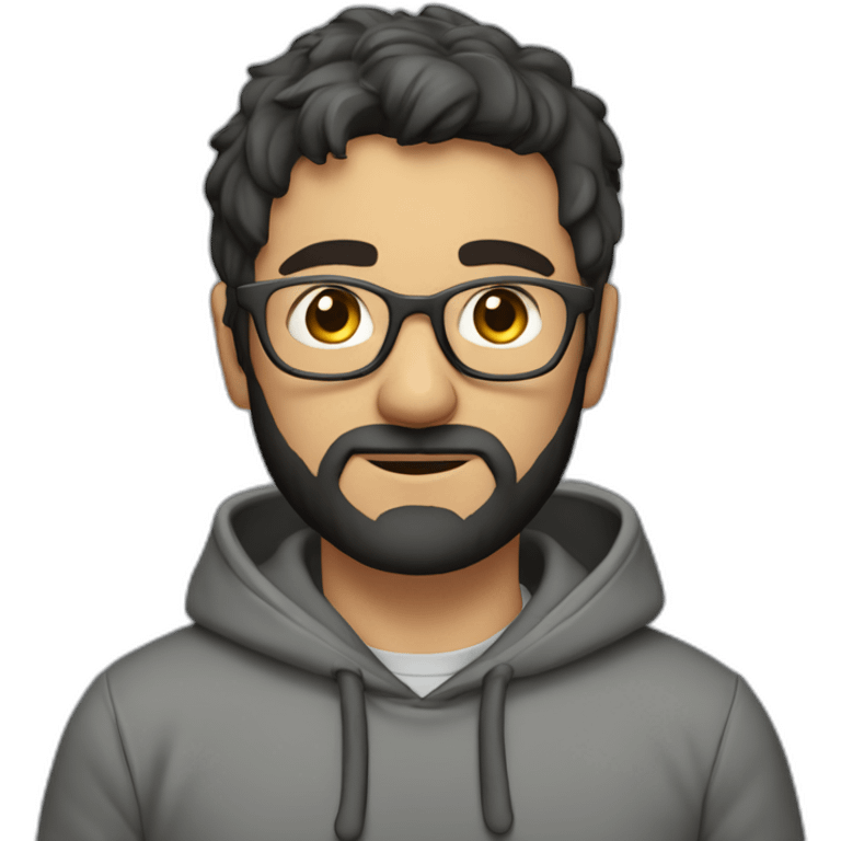 A project manager in a gray hoodie and with a short beard, with gray eyes, with short black hair without a parting, wearing glasses emoji