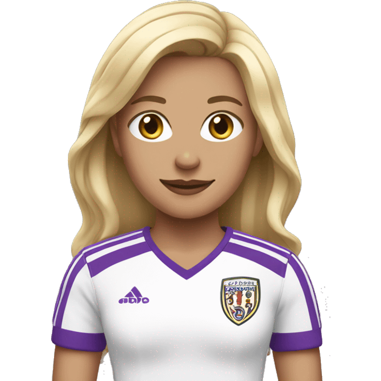 a blonde woman in a white soccer jersey with purple pinstripes emoji