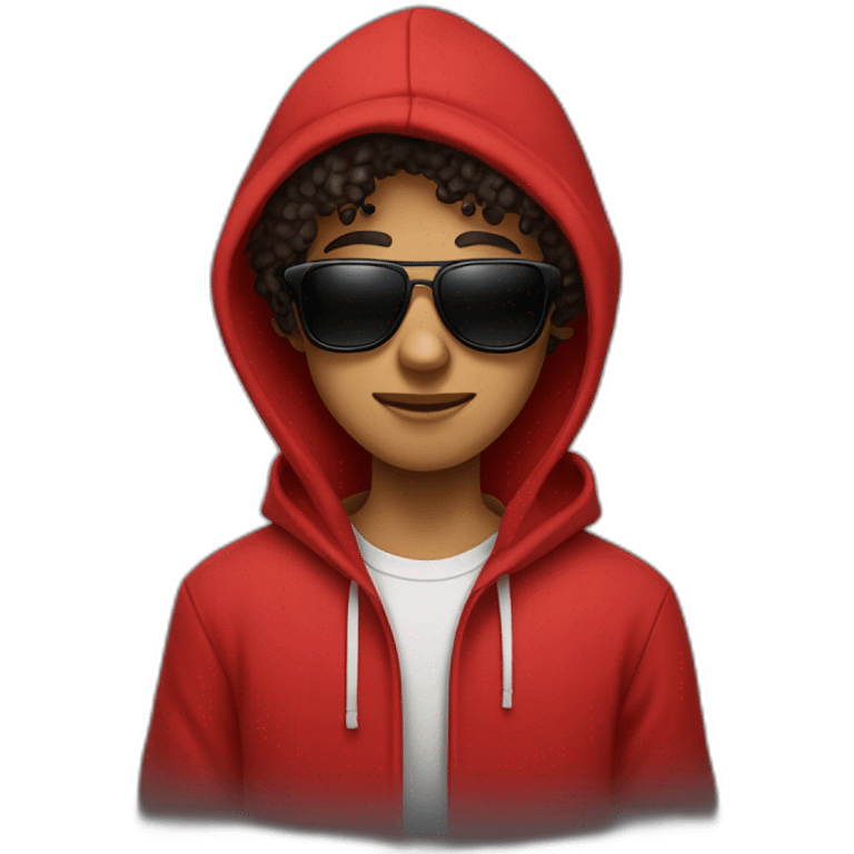 Square-jawed boy with curly hair and a degrade, wearing black sunglasses and a red hoodie. emoji