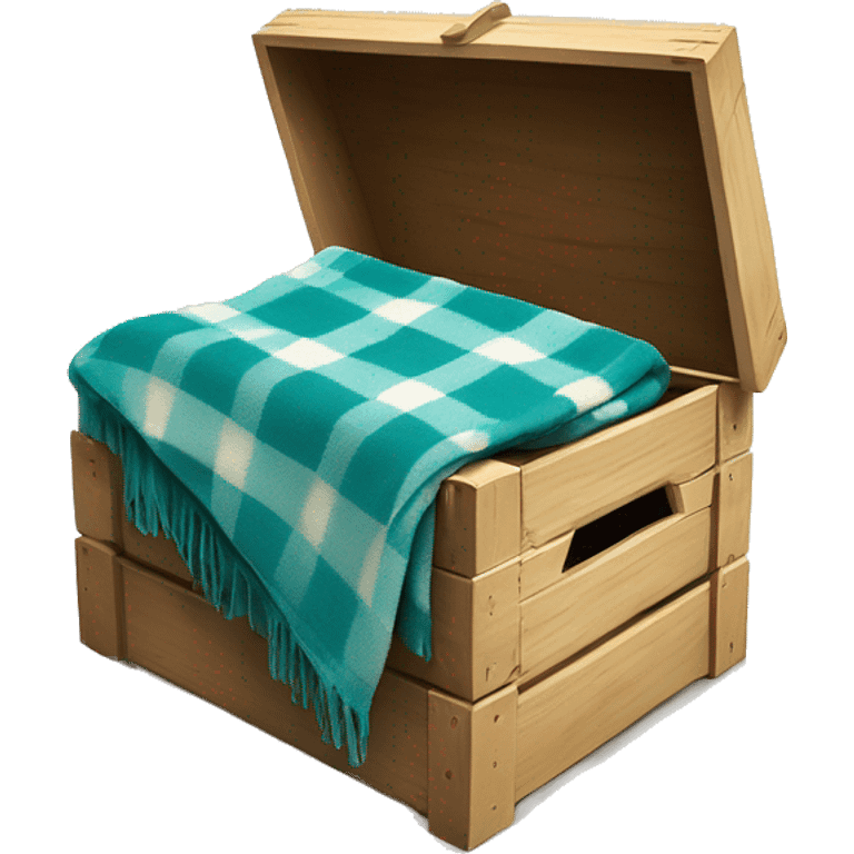 PRealistic isolated teal and cream color plaid blanket draped across wooden crate box with matching book on top of blanket. emoji