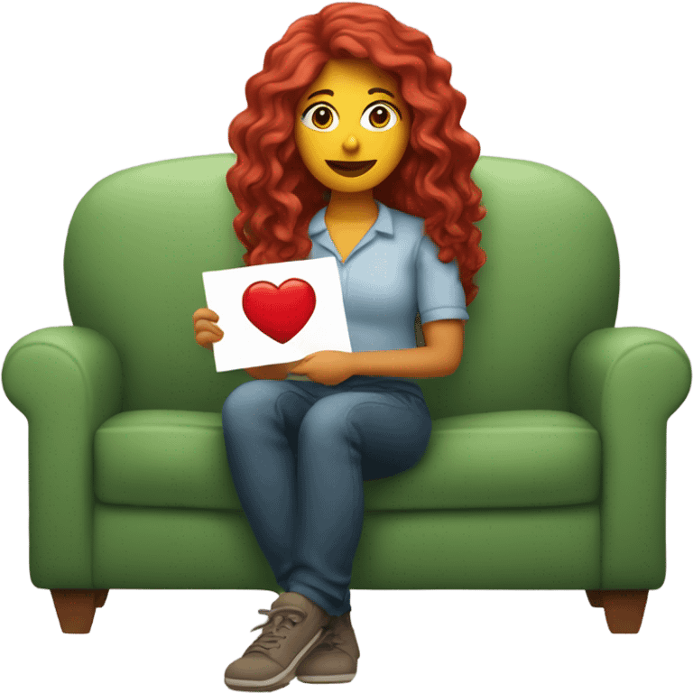 Long red wavy haired Latina holding a heart in her hands sitting on a couch emoji