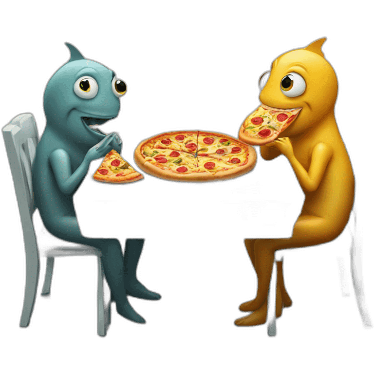 two fishes sitting at the table and eating pizza  emoji