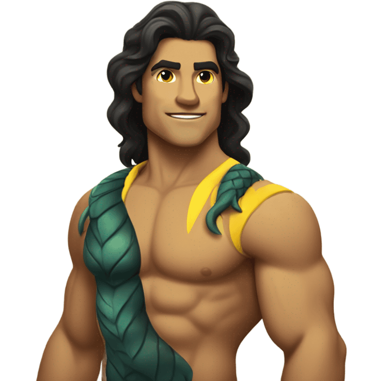 Tan muscular merman with dark hair and yellow tail emoji