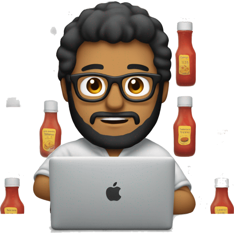 Designer with black hair, beard and glasses working with MacBook and ketchup bottle emoji