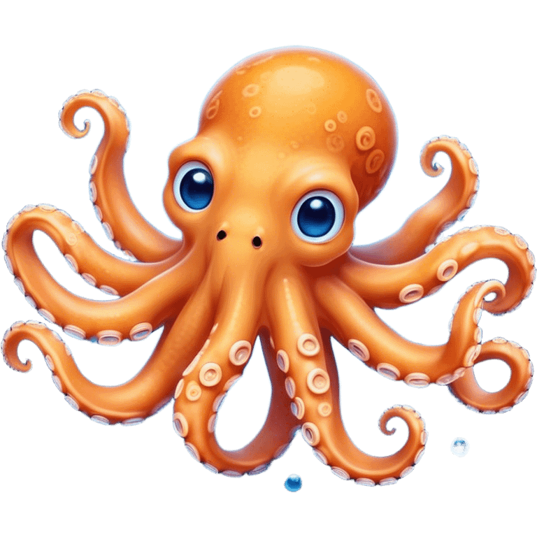 Cinematic Cute smiling Octopus Portrait Emoji, Head tilted playfully and inquisitively, featuring a rounded, light orange body embellished with playful blue rings, eight adorably curling arms, and big, twinkling eyes full of wonder, Simplified yet irresistibly adorable features, highly detailed, glowing with a warm, inviting underwater glow, high shine, affectionate and lively, stylized with a touch of whimsical cartoon charm, soft glowing outline, capturing the essence of a mischievous yet loving octopus that seems as if it could bob out of the screen into your arms! emoji